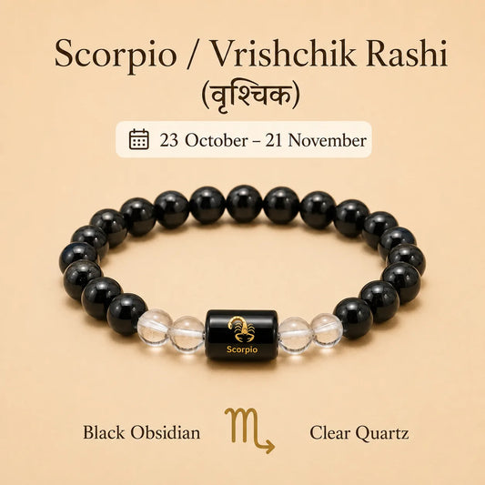 Scorpio ( वृश्चिक राशि) (Black Obsidian and Clear Quartz zodiac Bracelet)