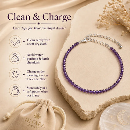 Divine Aura Amethyst Anklet 3mm – For intuition, balance & spiritual harmony