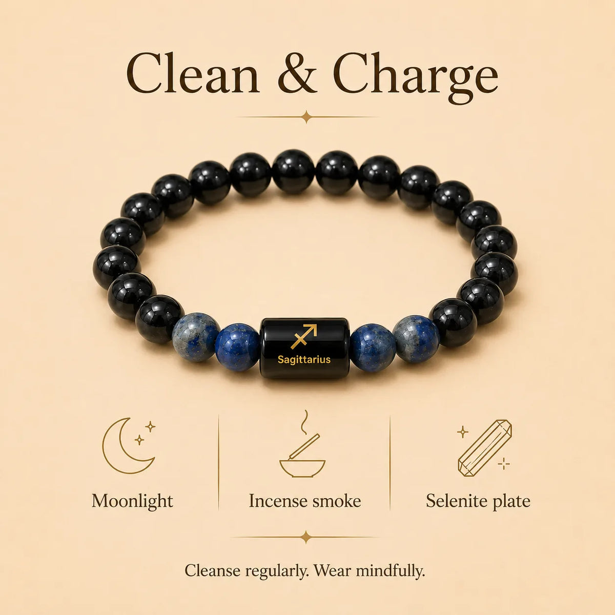 Sagittarius (धनु राशि) (Black tourmaline and Lapis Lazuli Zodiac Bracelet)